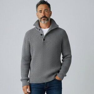 Matinique Henley Funnel Neck 100% Cotton Heavy Cable Knit Sweater Gray Size L